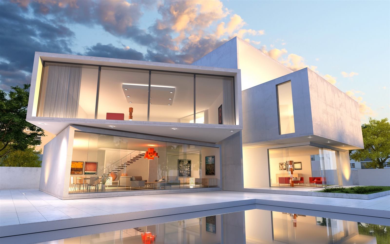 Modern smart home villa at dusk